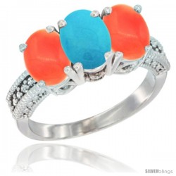 10K White Gold Natural Turquoise & Coral Sides Ring 3-Stone Oval 7x5 mm Diamond Accent