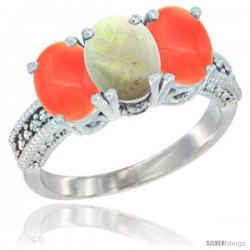 10K White Gold Natural Opal & Coral Sides Ring 3-Stone Oval 7x5 mm Diamond Accent