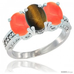 10K White Gold Natural Tiger Eye & Coral Sides Ring 3-Stone Oval 7x5 mm Diamond Accent