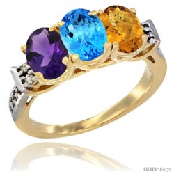 10K Yellow Gold Natural Amethyst, Swiss Blue Topaz & Whisky Quartz Ring 3-Stone Oval 7x5 mm Diamond Accent