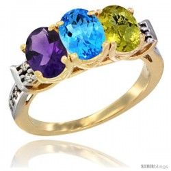 10K Yellow Gold Natural Amethyst, Swiss Blue Topaz & Lemon Quartz Ring 3-Stone Oval 7x5 mm Diamond Accent