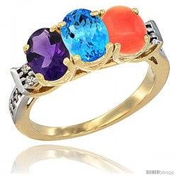 10K Yellow Gold Natural Amethyst, Swiss Blue Topaz & Coral Ring 3-Stone Oval 7x5 mm Diamond Accent