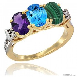 10K Yellow Gold Natural Amethyst, Swiss Blue Topaz & Malachite Ring 3-Stone Oval 7x5 mm Diamond Accent