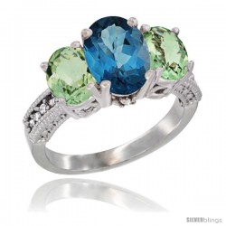 14K White Gold Ladies 3-Stone Oval Natural London Blue Topaz Ring with Green Amethyst Sides Diamond Accent