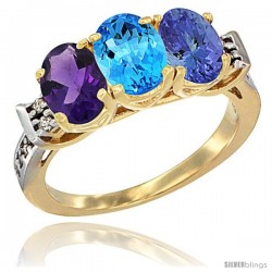 10K Yellow Gold Natural Amethyst, Swiss Blue Topaz & Tanzanite Ring 3-Stone Oval 7x5 mm Diamond Accent