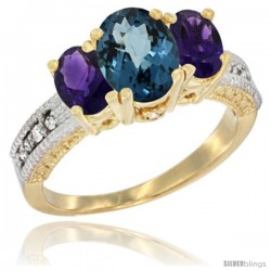 10K Yellow Gold Ladies Oval Natural London Blue Topaz 3-Stone Ring with Amethyst Sides Diamond Accent