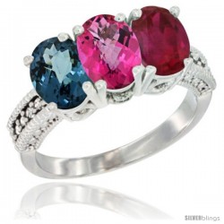 14K White Gold Natural London Blue Topaz, Pink Topaz & Ruby Ring 3-Stone 7x5 mm Oval Diamond Accent