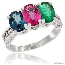 14K White Gold Natural London Blue Topaz, Pink Topaz & Emerald Ring 3-Stone 7x5 mm Oval Diamond Accent