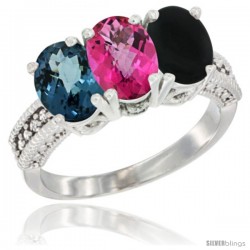 14K White Gold Natural London Blue Topaz, Pink Topaz & Black Onyx Ring 3-Stone 7x5 mm Oval Diamond Accent