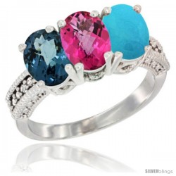 14K White Gold Natural London Blue Topaz, Pink Topaz & Turquoise Ring 3-Stone 7x5 mm Oval Diamond Accent