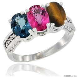 14K White Gold Natural London Blue Topaz, Pink Topaz & Tiger Eye Ring 3-Stone 7x5 mm Oval Diamond Accent