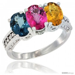 14K White Gold Natural London Blue Topaz, Pink Topaz & Whisky Quartz Ring 3-Stone 7x5 mm Oval Diamond Accent