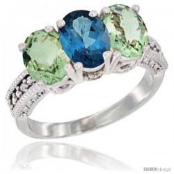 14K White Gold Natural London Blue Topaz & Green Amethyst Ring 3-Stone 7x5 mm Oval Diamond Accent