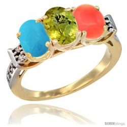 10K Yellow Gold Natural Turquoise, Lemon Quartz & Coral Ring 3-Stone Oval 7x5 mm Diamond Accent