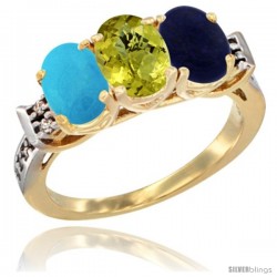 10K Yellow Gold Natural Turquoise, Lemon Quartz & Lapis Ring 3-Stone Oval 7x5 mm Diamond Accent