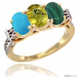 10K Yellow Gold Natural Turquoise, Lemon Quartz & Malachite Ring 3-Stone Oval 7x5 mm Diamond Accent