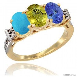 10K Yellow Gold Natural Turquoise, Lemon Quartz & Tanzanite Ring 3-Stone Oval 7x5 mm Diamond Accent