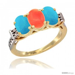 10K Yellow Gold Natural Coral & Turquoise Sides Ring 3-Stone Oval 7x5 mm Diamond Accent