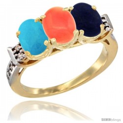 10K Yellow Gold Natural Turquoise, Coral & Lapis Ring 3-Stone Oval 7x5 mm Diamond Accent