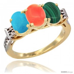 10K Yellow Gold Natural Turquoise, Coral & Malachite Ring 3-Stone Oval 7x5 mm Diamond Accent