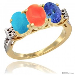 10K Yellow Gold Natural Turquoise, Coral & Tanzanite Ring 3-Stone Oval 7x5 mm Diamond Accent