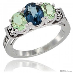 14K White Gold Natural London Blue Topaz & Green Amethyst Ring 3-Stone Oval with Diamond Accent