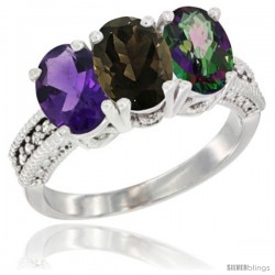 10K White Gold Natural Amethyst, Smoky Topaz & Mystic Topaz Ring 3-Stone Oval 7x5 mm Diamond Accent