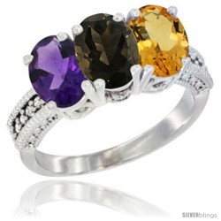 10K White Gold Natural Amethyst, Smoky Topaz & Citrine Ring 3-Stone Oval 7x5 mm Diamond Accent