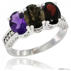 10K White Gold Natural Amethyst, Smoky Topaz & Garnet Ring 3-Stone Oval 7x5 mm Diamond Accent