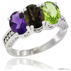 10K White Gold Natural Amethyst, Smoky Topaz & Peridot Ring 3-Stone Oval 7x5 mm Diamond Accent