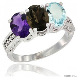 10K White Gold Natural Amethyst, Smoky Topaz & Aquamarine Ring 3-Stone Oval 7x5 mm Diamond Accent