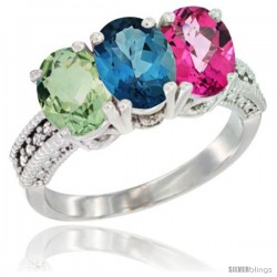 14K White Gold Natural Green Amethyst, London Blue Topaz & Pink Topaz Ring 3-Stone 7x5 mm Oval Diamond Accent