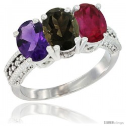 10K White Gold Natural Amethyst, Smoky Topaz & Ruby Ring 3-Stone Oval 7x5 mm Diamond Accent