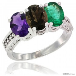 10K White Gold Natural Amethyst, Smoky Topaz & Emerald Ring 3-Stone Oval 7x5 mm Diamond Accent