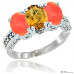 10K White Gold Natural Whisky Quartz & Coral Sides Ring 3-Stone Oval 7x5 mm Diamond Accent