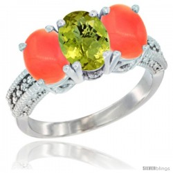 10K White Gold Natural Lemon Quartz & Coral Sides Ring 3-Stone Oval 7x5 mm Diamond Accent