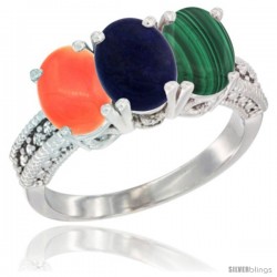 10K White Gold Natural Coral, Lapis & Malachite Ring 3-Stone Oval 7x5 mm Diamond Accent