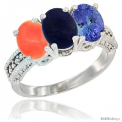 10K White Gold Natural Coral, Lapis & Tanzanite Ring 3-Stone Oval 7x5 mm Diamond Accent