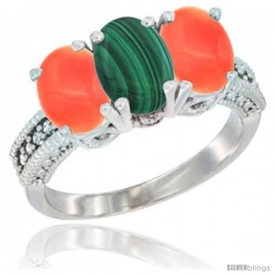 10K White Gold Natural Malachite & Coral Sides Ring 3-Stone Oval 7x5 mm Diamond Accent