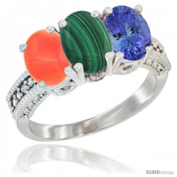 10K White Gold Natural Coral, Malachite & Tanzanite Ring 3-Stone Oval 7x5 mm Diamond Accent