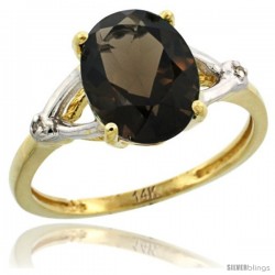 14k Yellow Gold Diamond Smoky Topaz Ring 2.4 ct Oval Stone 10x8 mm, 3/8 in wide