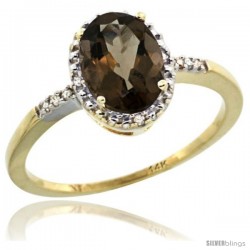 14k Yellow Gold Diamond Smoky Topaz Ring 1.17 ct Oval Stone 8x6 mm, 3/8 in wide