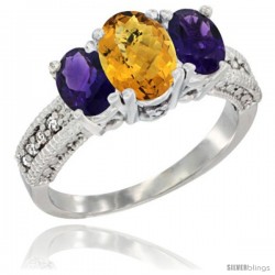 14k White Gold Ladies Oval Natural Whisky Quartz 3-Stone Ring with Amethyst Sides Diamond Accent