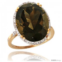 14k Yellow Gold Diamond Halo Large Smoky Topaz Ring 10.3 ct Oval Stone 18x13 mm, 3/4 in wide