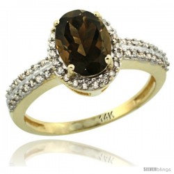 14k Yellow Gold Diamond Halo Smoky Topaz Ring 1.2 ct Oval Stone 8x6 mm, 3/8 in wide