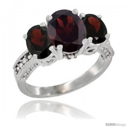 14K White Gold Ladies 3-Stone Oval Natural Garnet Ring Diamond Accent