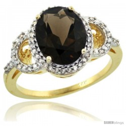 14k Yellow Gold Diamond Halo Smoky Topaz Ring 2.4 ct Oval Stone 10x8 mm, 1/2 in wide