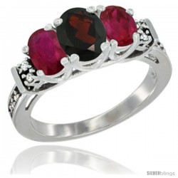 14K White Gold Natural Garnet & Ruby Ring 3-Stone Oval with Diamond Accent