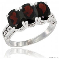 14K White Gold Natural Garnet Ring 3-Stone 7x5 mm Oval Diamond Accent