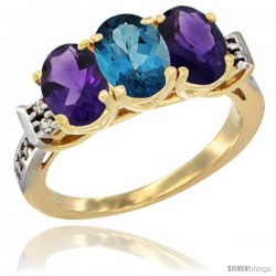 10K Yellow Gold Natural London Blue Topaz & Amethyst Sides Ring 3-Stone Oval 7x5 mm Diamond Accent